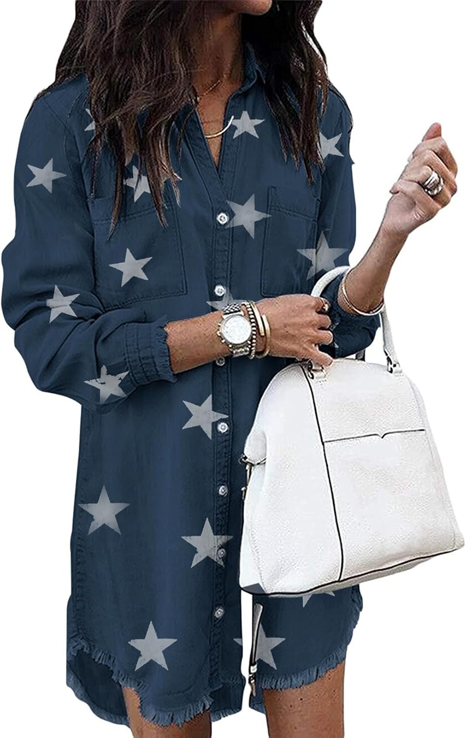 Long-Sleeve Button-Down Denim Shirt Dress with Fringe Hem in Dark Blue Star