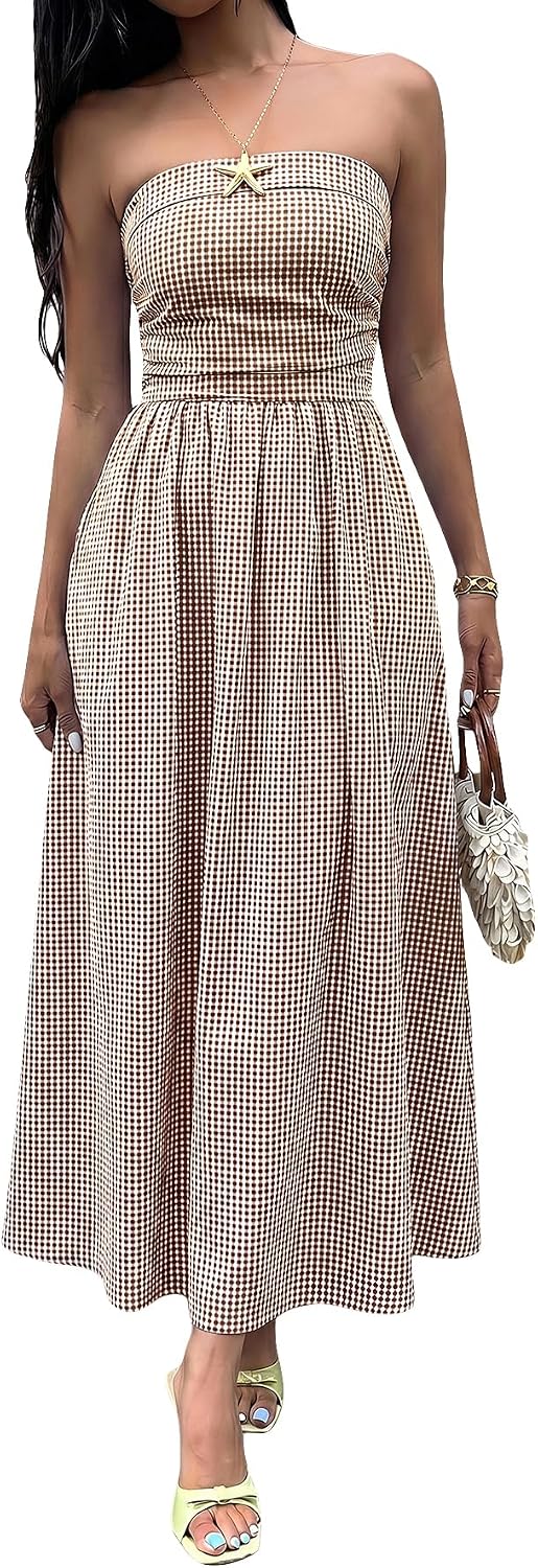 Striped Strapless A-Line Maxi Dress with Pockets in Light Brown