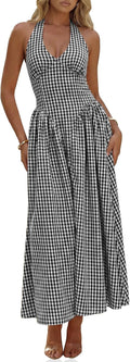 Plaid Halter Corset Maxi Dress with Pockets in Black
