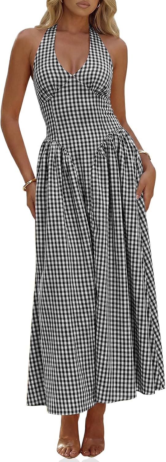 Plaid Halter Corset Maxi Dress with Pockets in Black