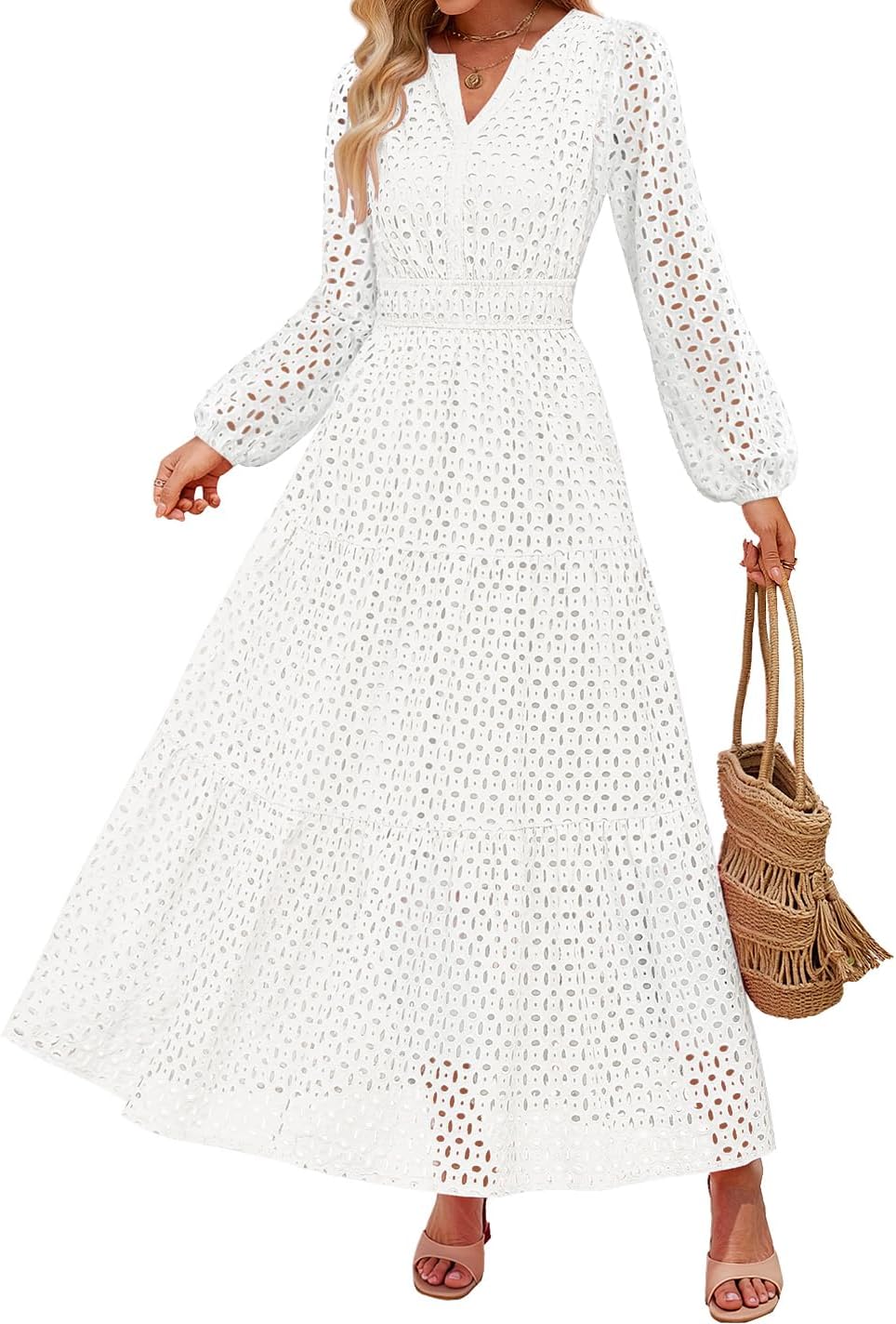 Eyelet V-Neck Long-Sleeve A-Line Dress in White