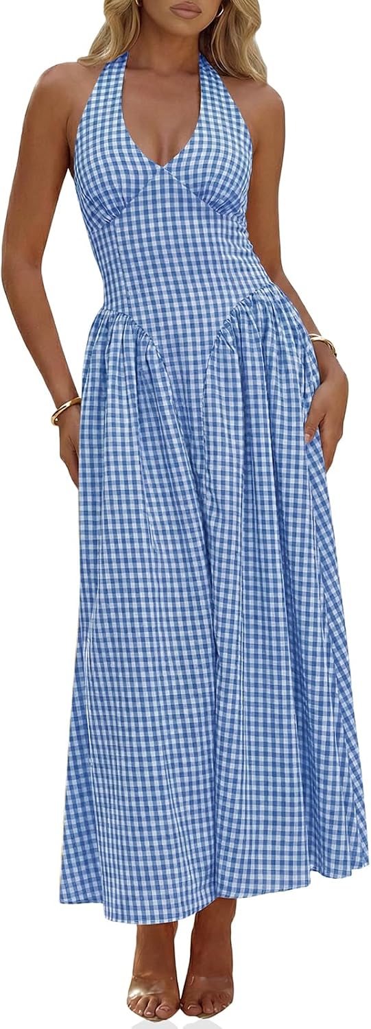 Plaid Halter Corset Maxi Dress with Pockets in Blue