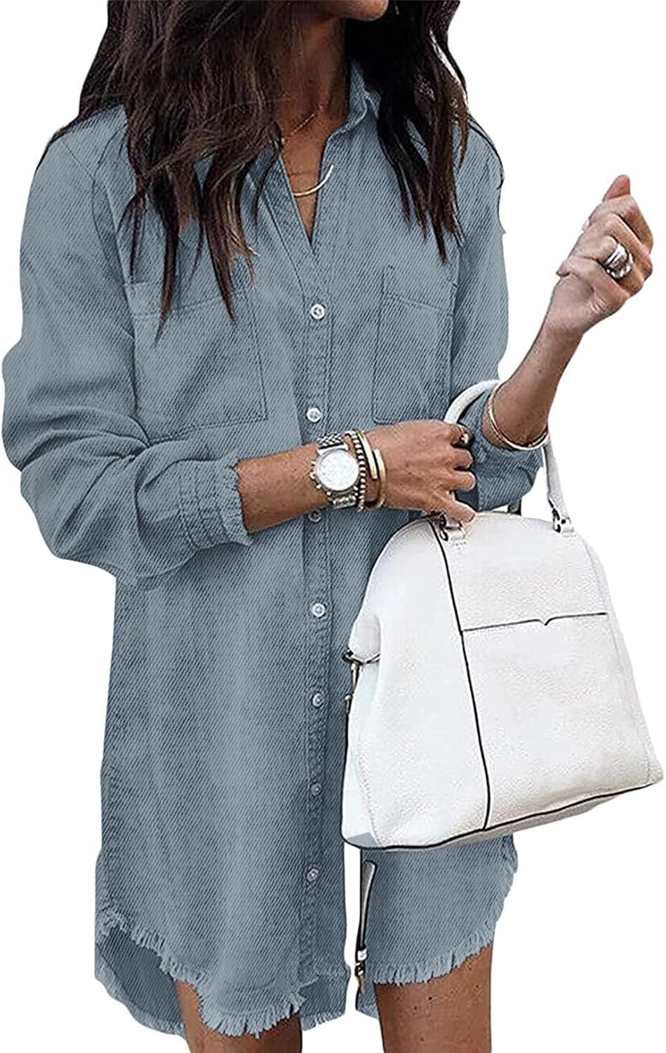 Long-Sleeve Button-Down Denim Shirt Dress with Fringe Hem in Washed Light Blue