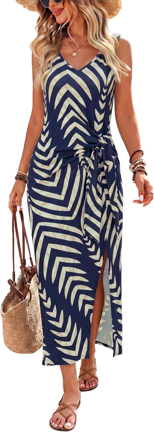 V-Neck Sleeveless Tie-Waist Midi Dress in Navy Blue Print