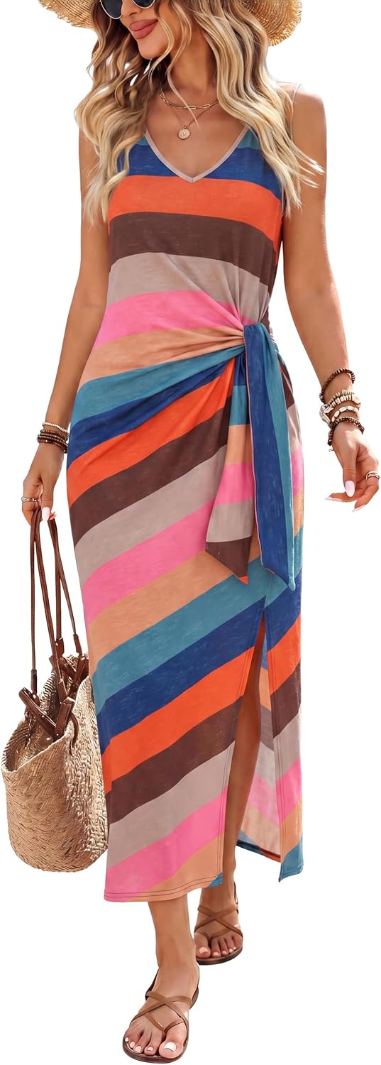 V-Neck Sleeveless Tie-Waist Midi Dress in Striped Colorful