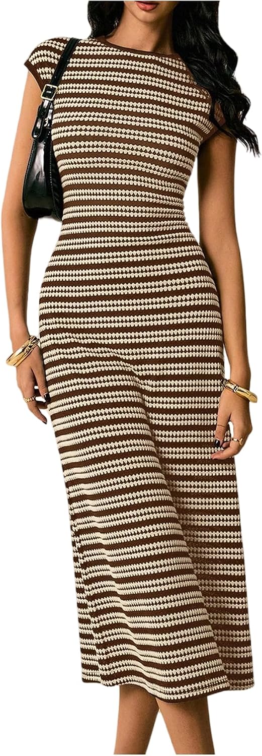 Striped Knit Cap-Sleeve Bodycon Midi Dress in Brown Striped