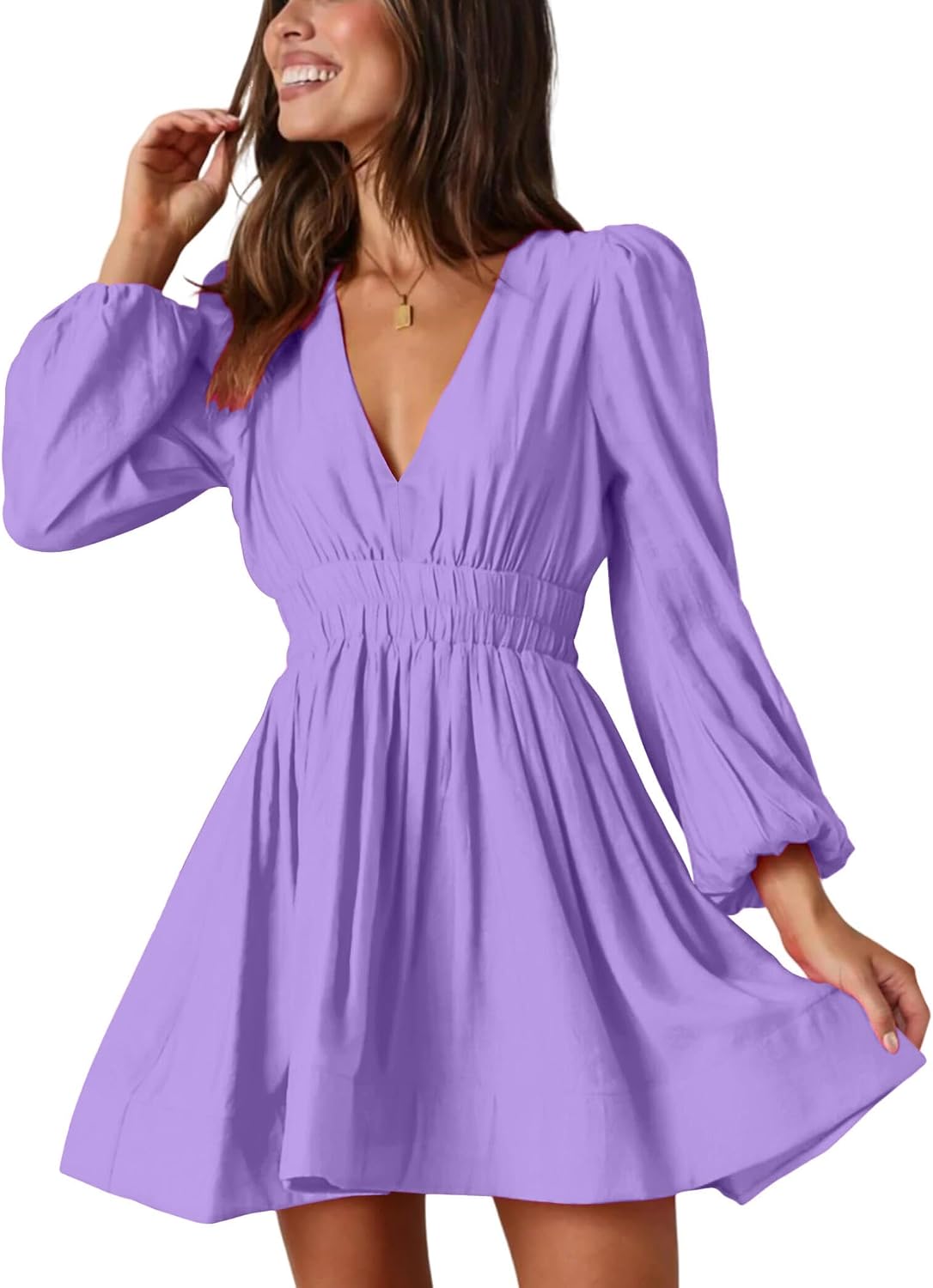 Deep-V Long-Sleeve A-Line Mini Dress in Light Purple