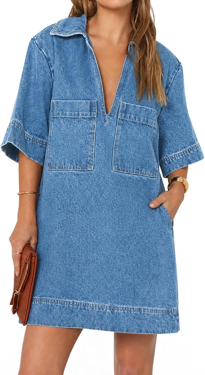 Collared V-Neck Denim Mini Shirt Dress in Light Blue