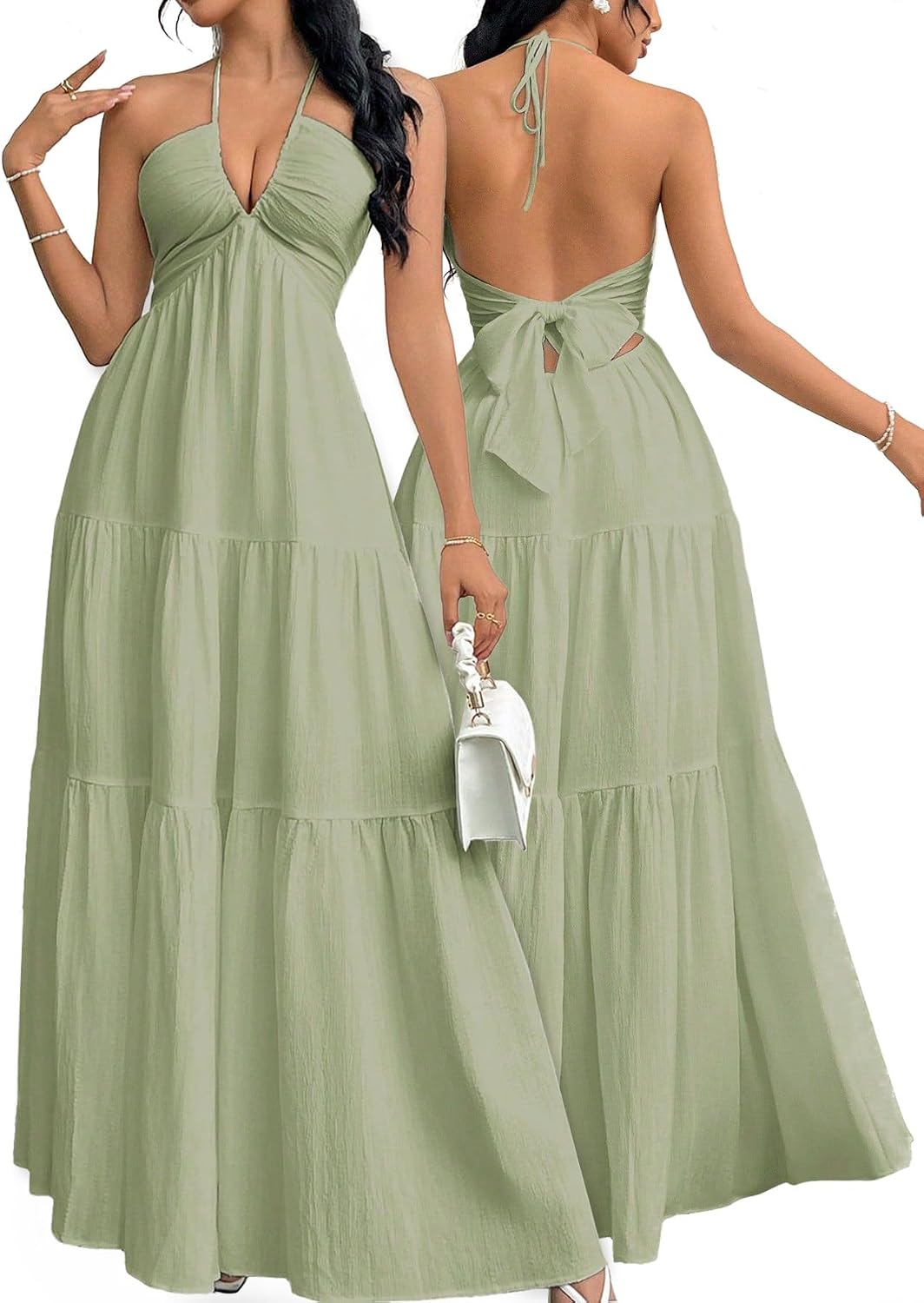 Halter V-Neck A-Line Maxi Dress in Green