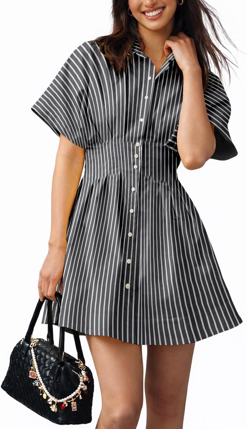 Collared Button-Down Mini Shirt Dress in Black Stripe