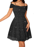 Sparkly Sequin Tulle Cowl-Neck Short Party Dress in Black