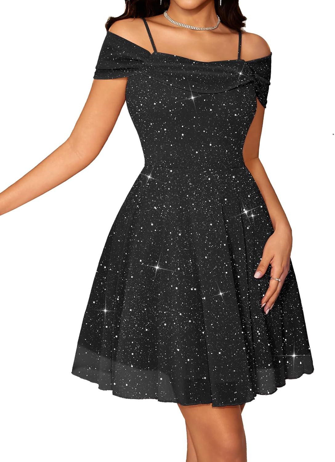 Sparkly Sequin Tulle Cowl-Neck Short Party Dress in Black