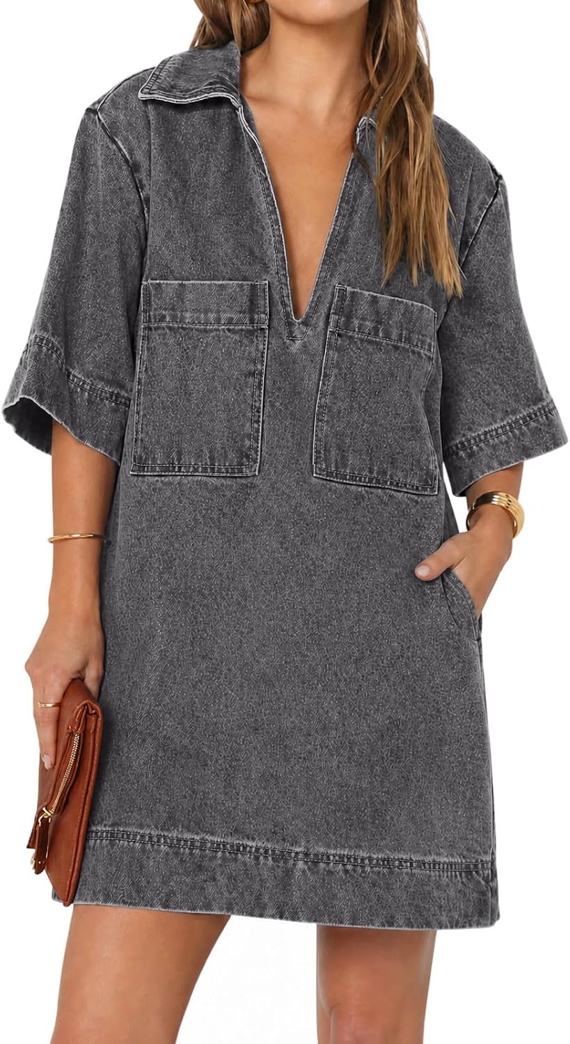 Collared V-Neck Denim Mini Shirt Dress in Grey