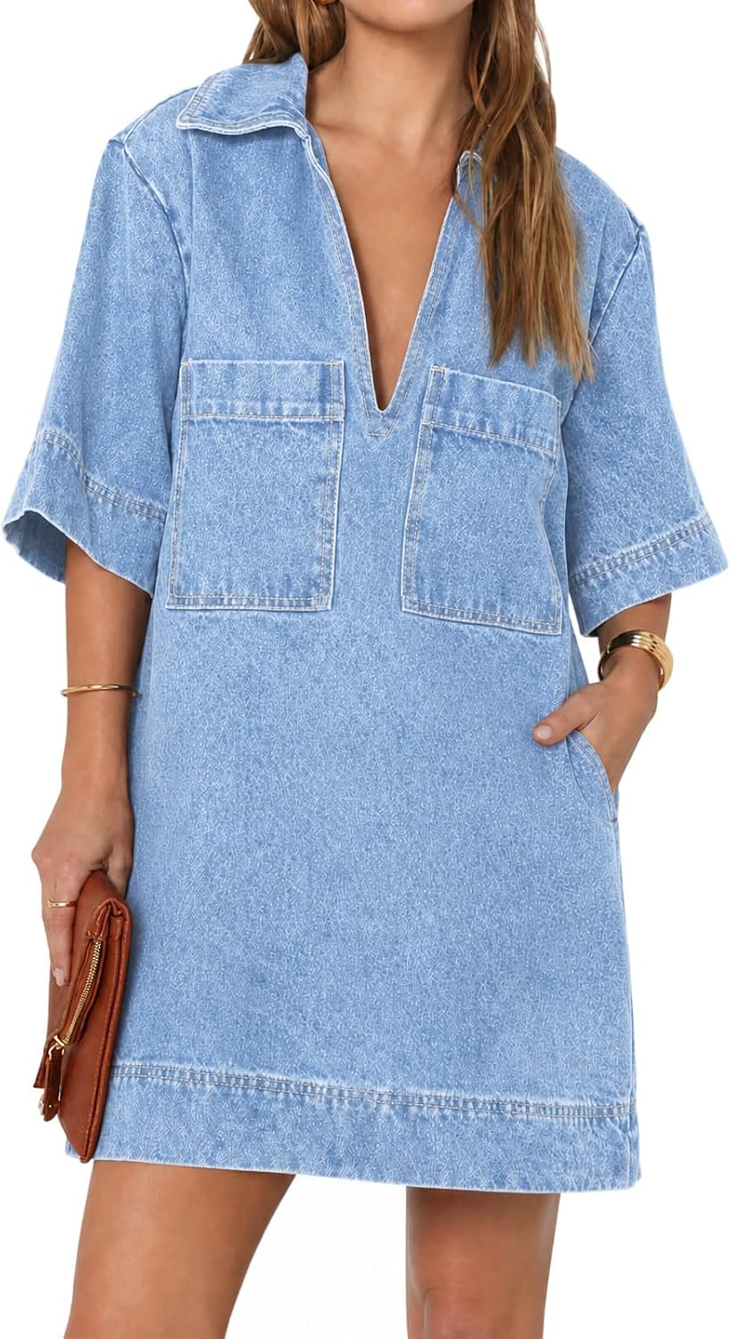 Collared V-Neck Denim Mini Shirt Dress in Sky Blue