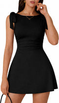 Boat-Neck Shoulder-Bow Ruched Mini Dress in Black