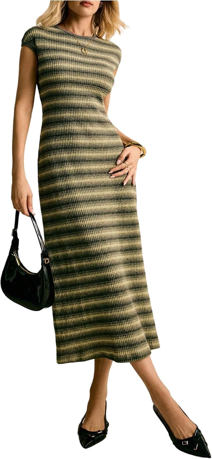 Striped Knit Cap-Sleeve Bodycon Midi Dress in Multicolor Striped