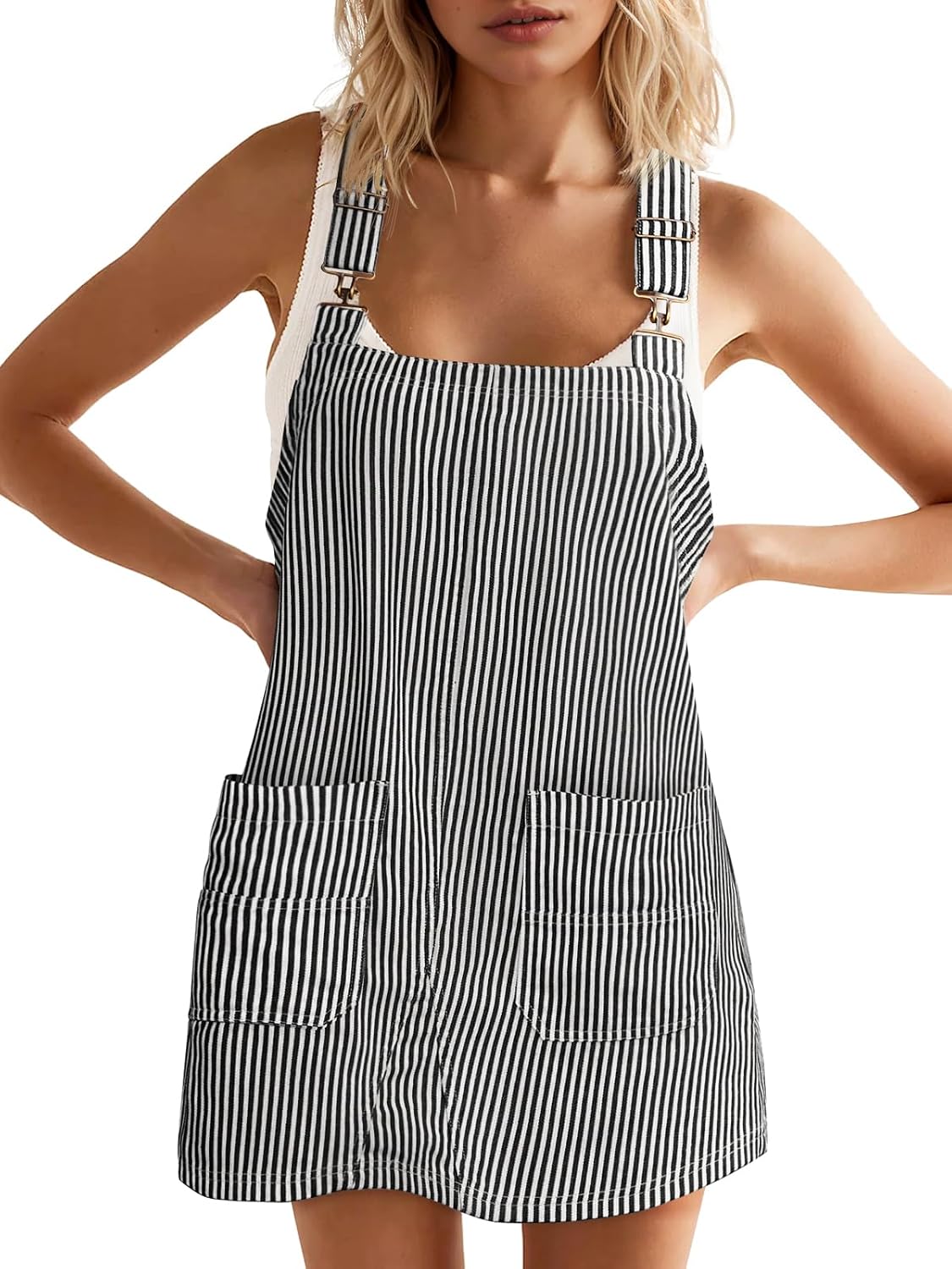Striped Denim Overall Dress with Pockets in Black