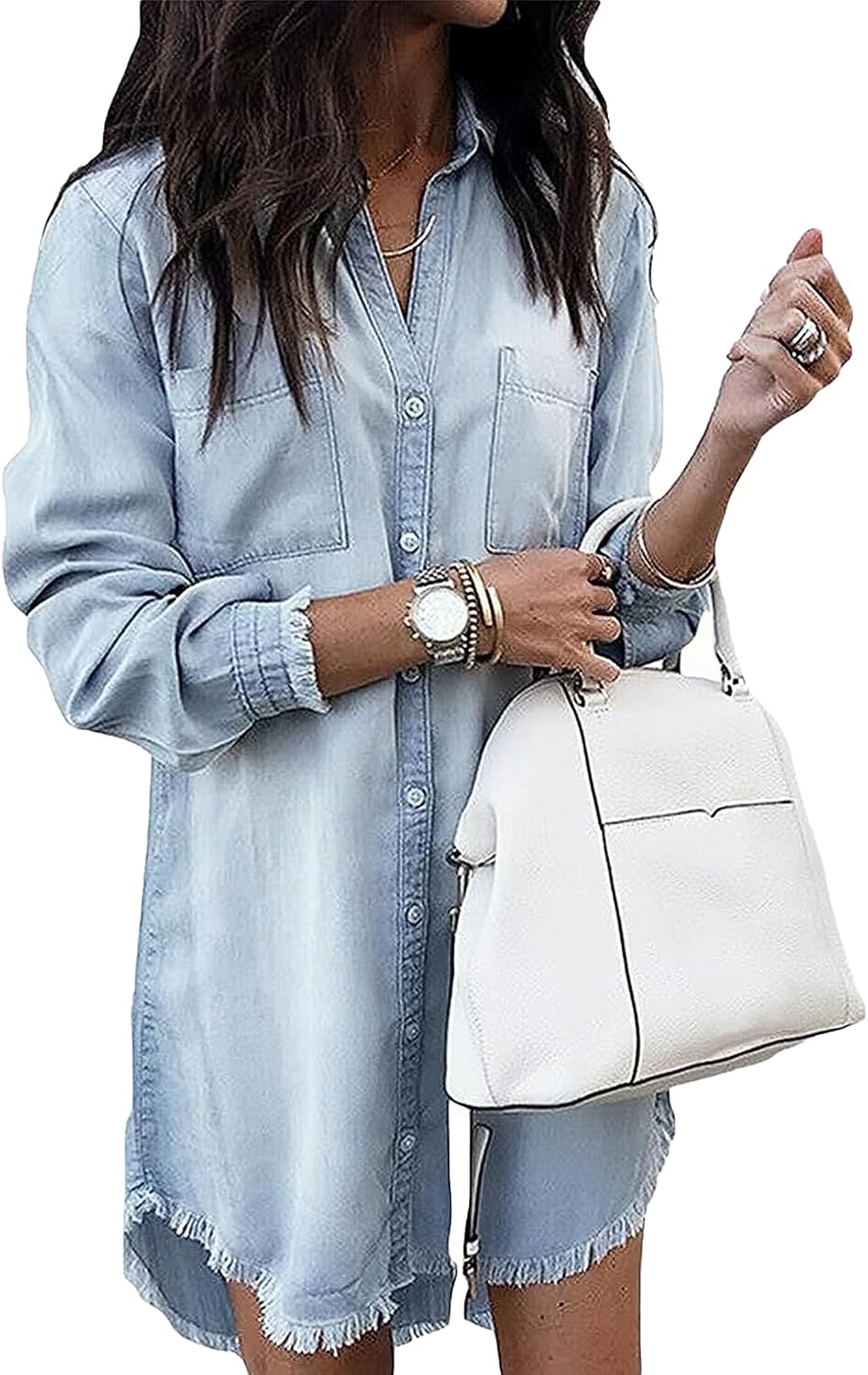 Long-Sleeve Button-Down Denim Shirt Dress with Fringe Hem in Light Blue
