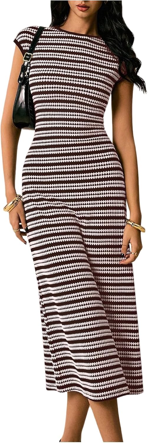 Striped Knit Cap-Sleeve Bodycon Midi Dress in Multi Striped