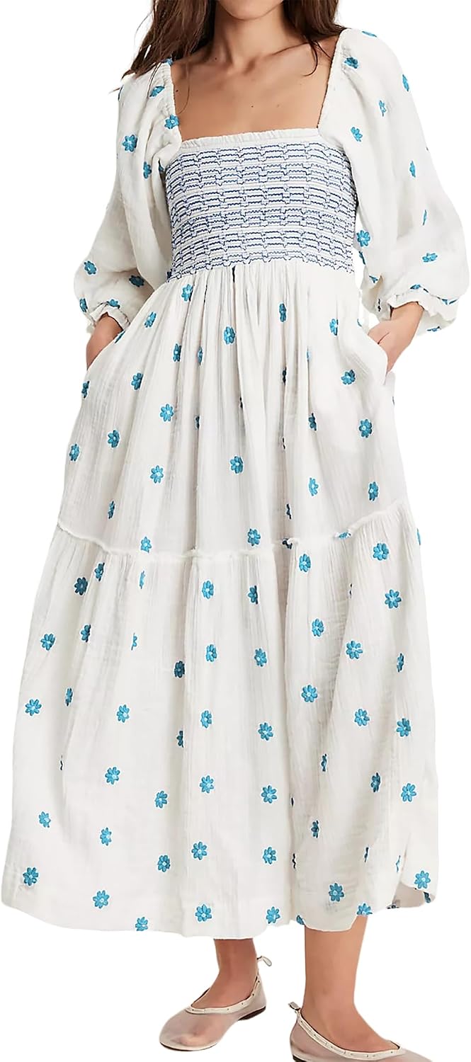 Embroidered Floral Long-Sleeve Tiered Midi Dress in White