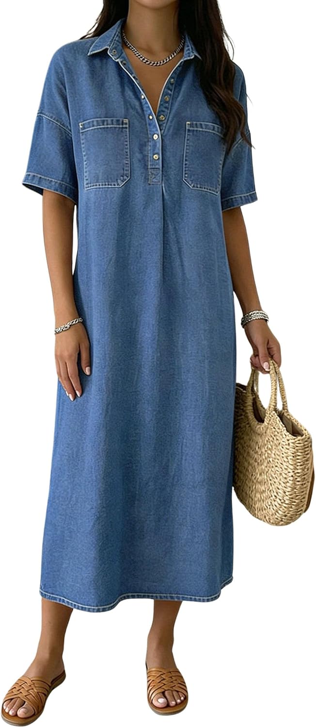 Distressed Denim Polo Shirt Dress in Blue