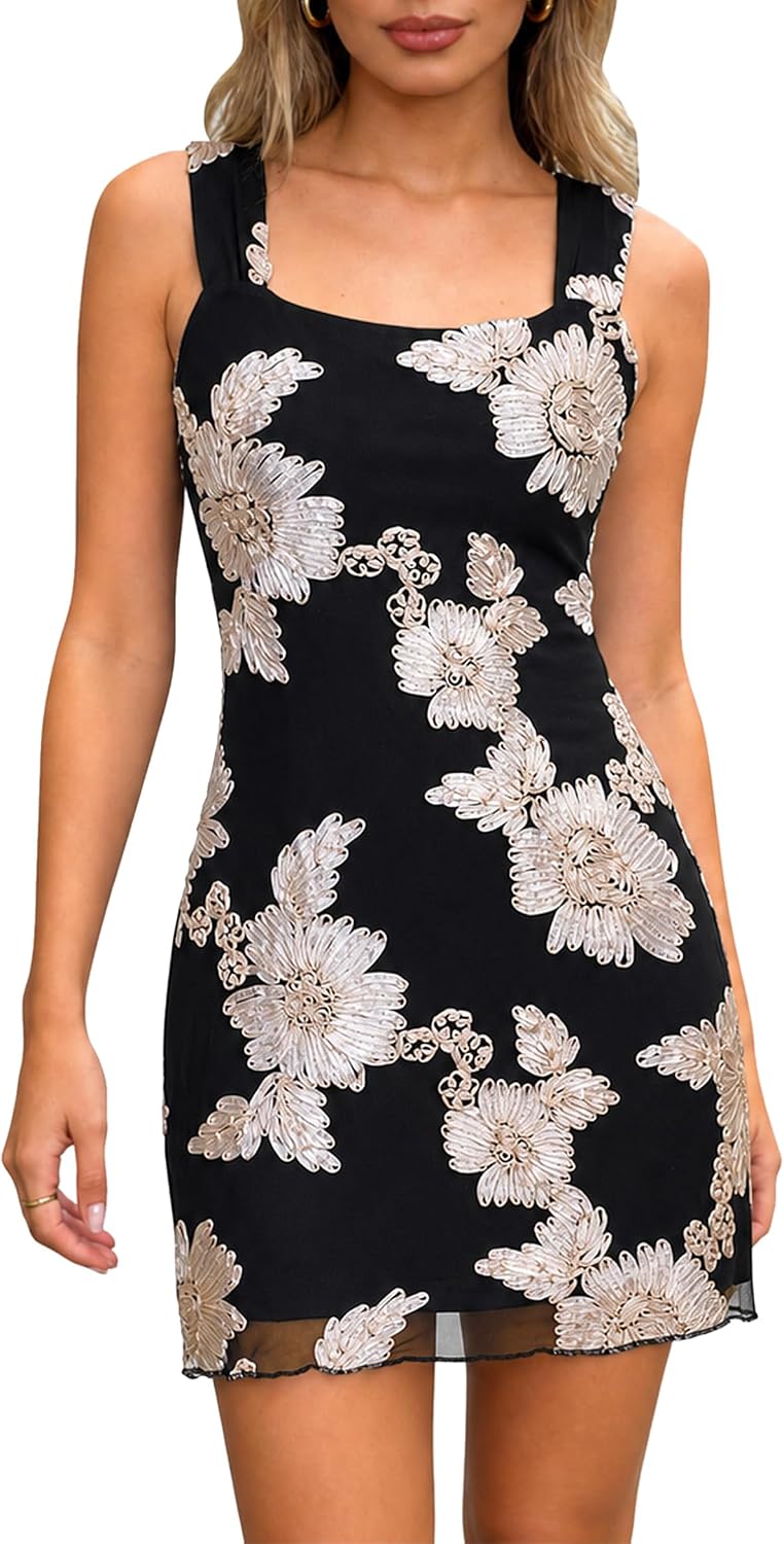 Embroidered Floral Mesh Square-Neck Mini Dress in Black Apricot