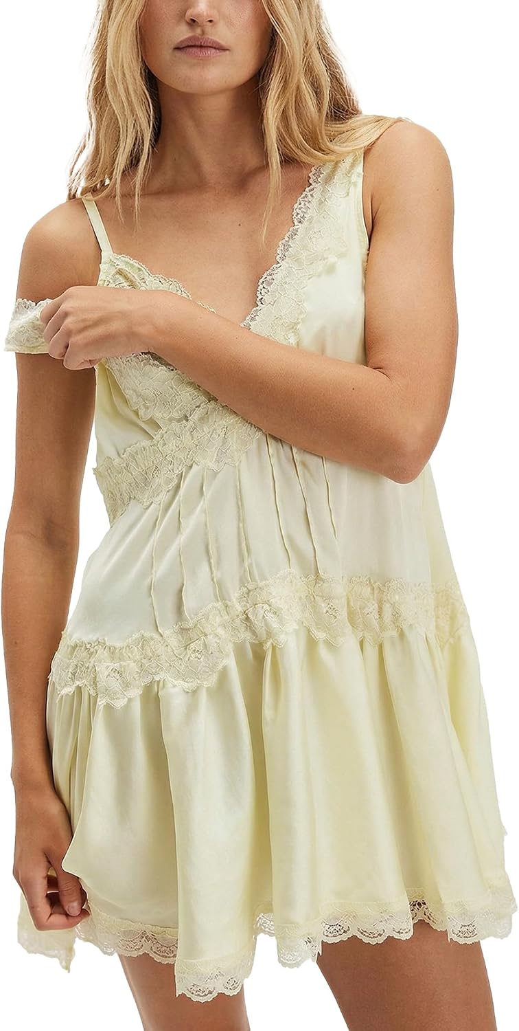 Lace V-Neck Ruffle-Hem Slip Mini Dress in Limon Ice