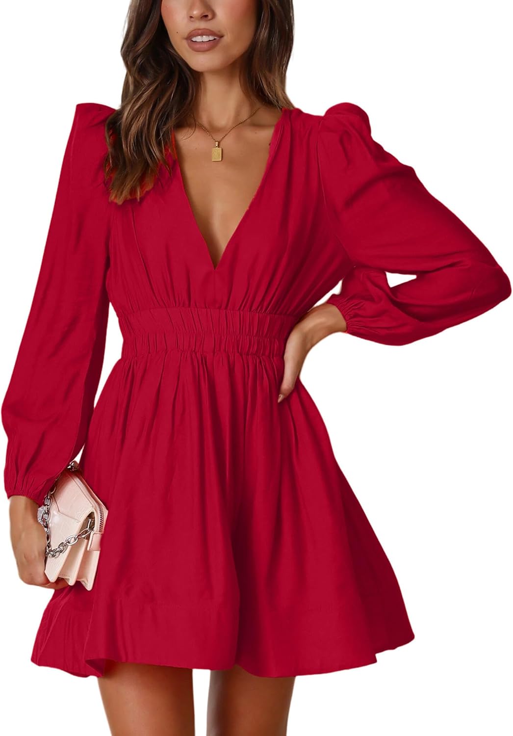 Deep-V Long-Sleeve A-Line Mini Dress in Red