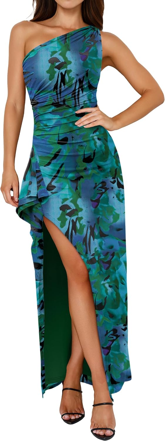 Floral One-Shoulder Bodycon Maxi Dress with High Slit in Green Floral