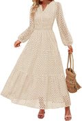 Eyelet V-Neck Long-Sleeve A-Line Dress in Apricot