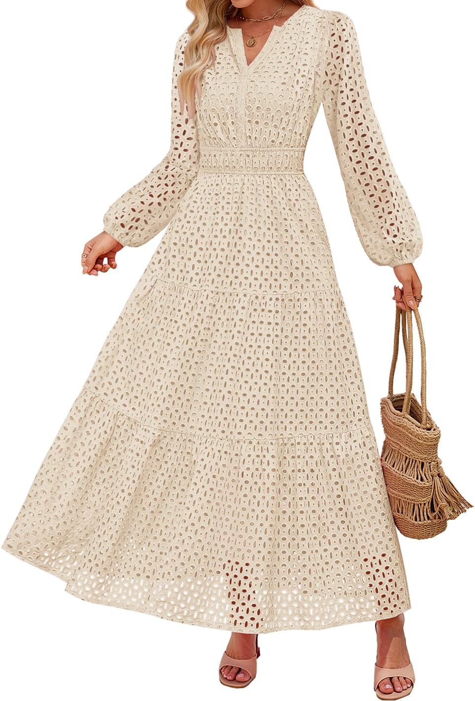 Eyelet V-Neck Long-Sleeve A-Line Dress in Apricot