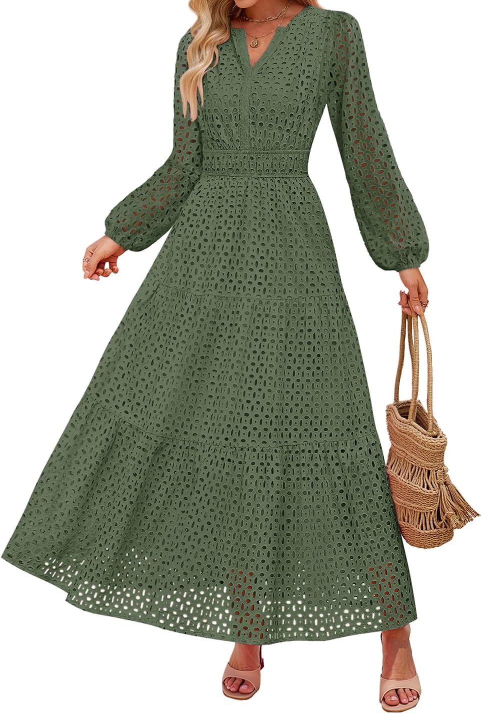 Eyelet V-Neck Long-Sleeve A-Line Dress in Olive