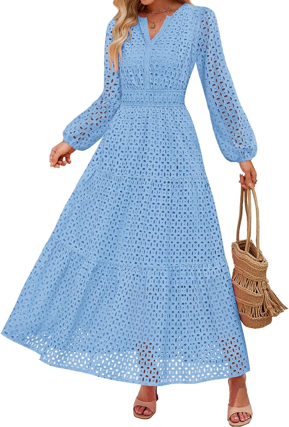 Eyelet V-Neck Long-Sleeve A-Line Dress in Sky