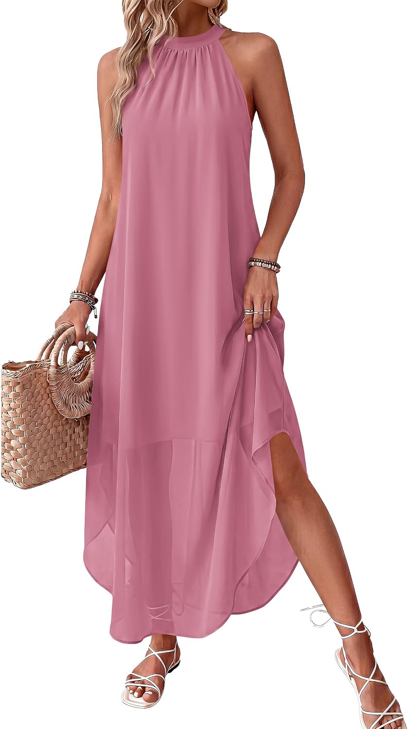 Halter Asymmetric-Hem Flowy Maxi Dress with Pockets in Pink