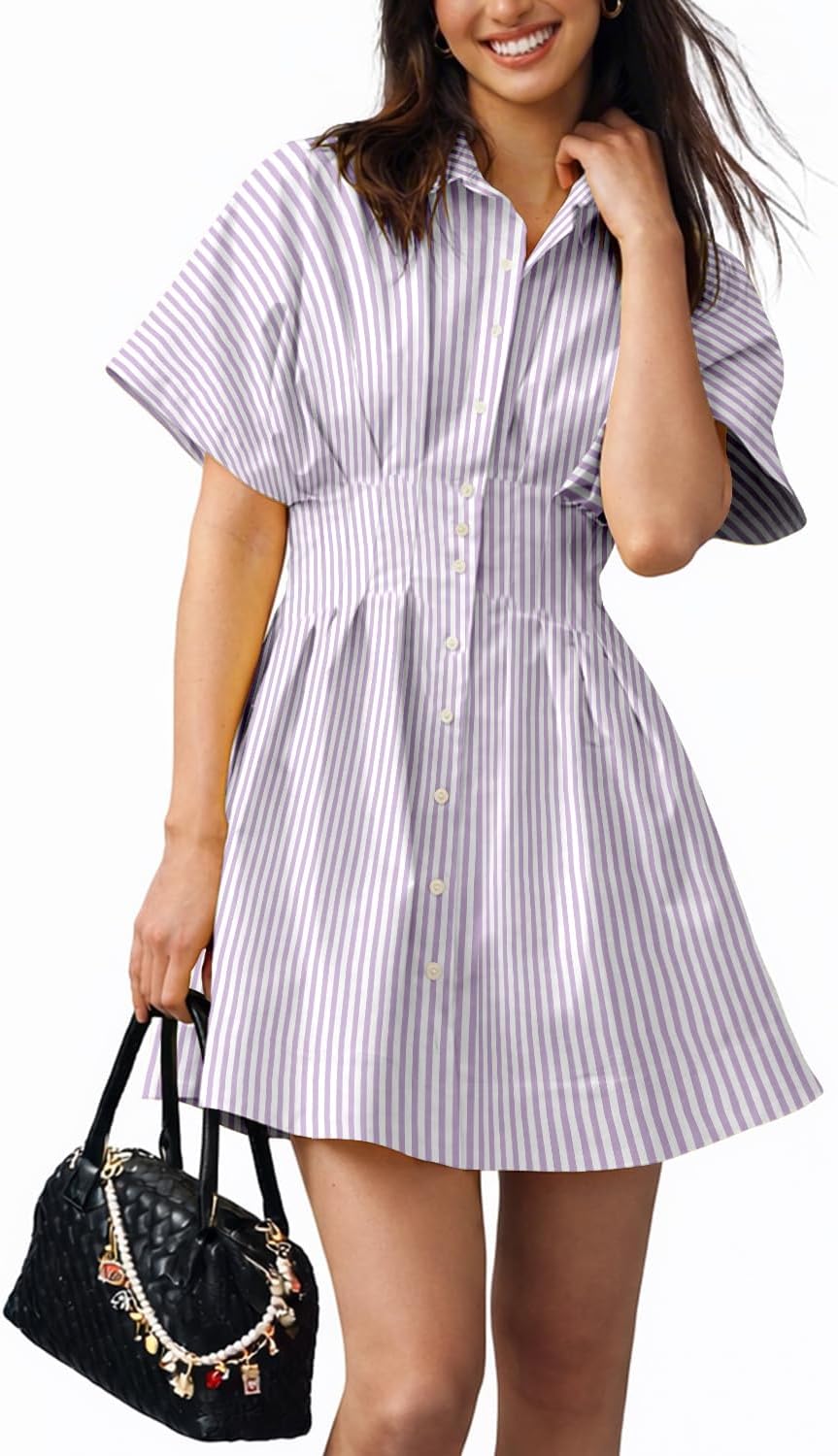 Collared Button-Down Mini Shirt Dress in Purple Stripe