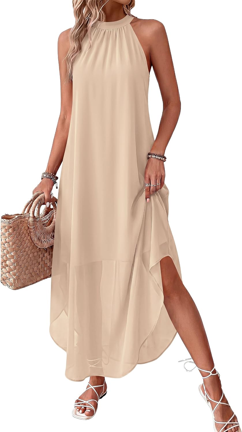 Halter Asymmetric-Hem Flowy Maxi Dress with Pockets in Beige