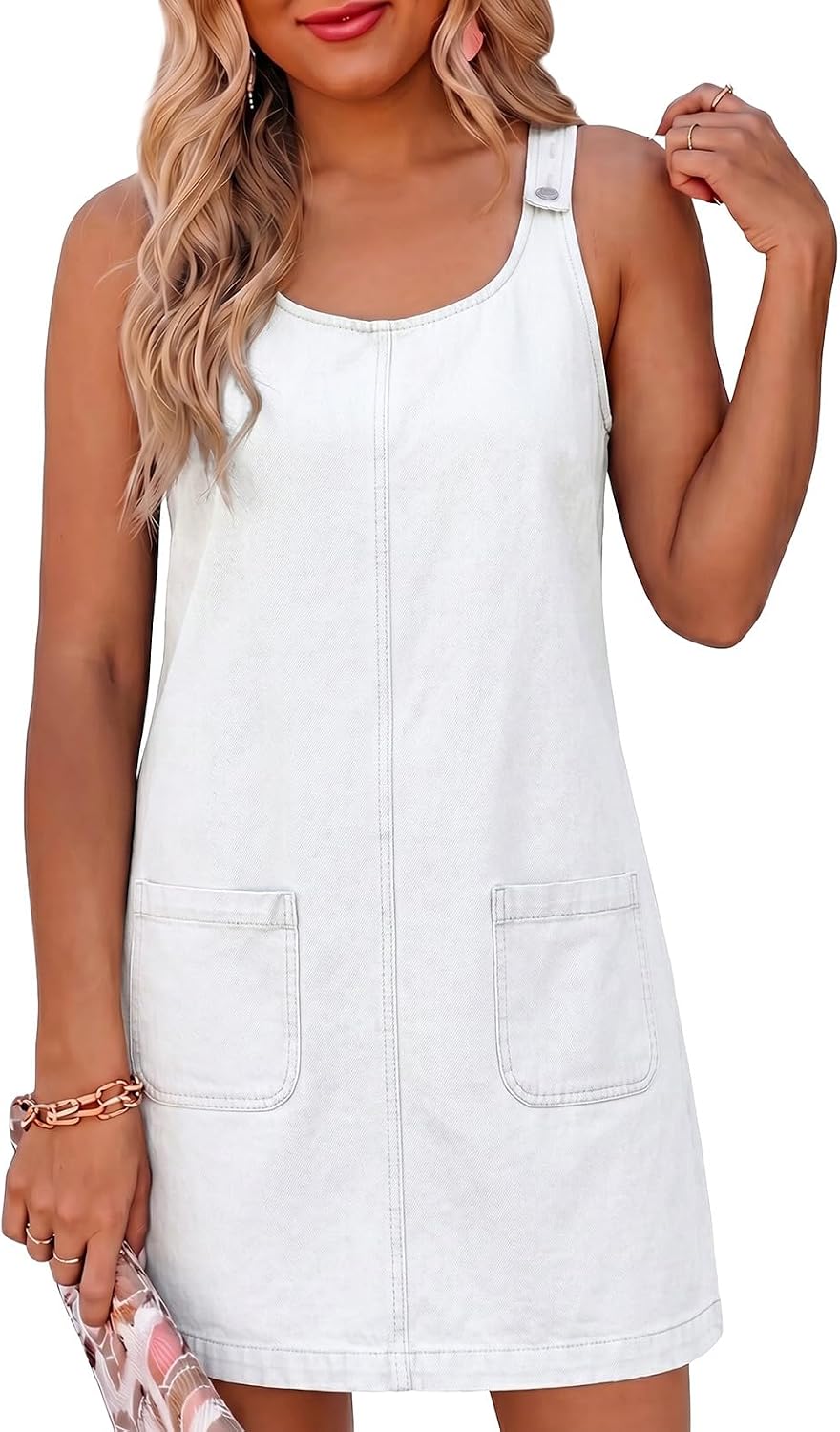 Sleeveless Denim Overall Mini Dress in White