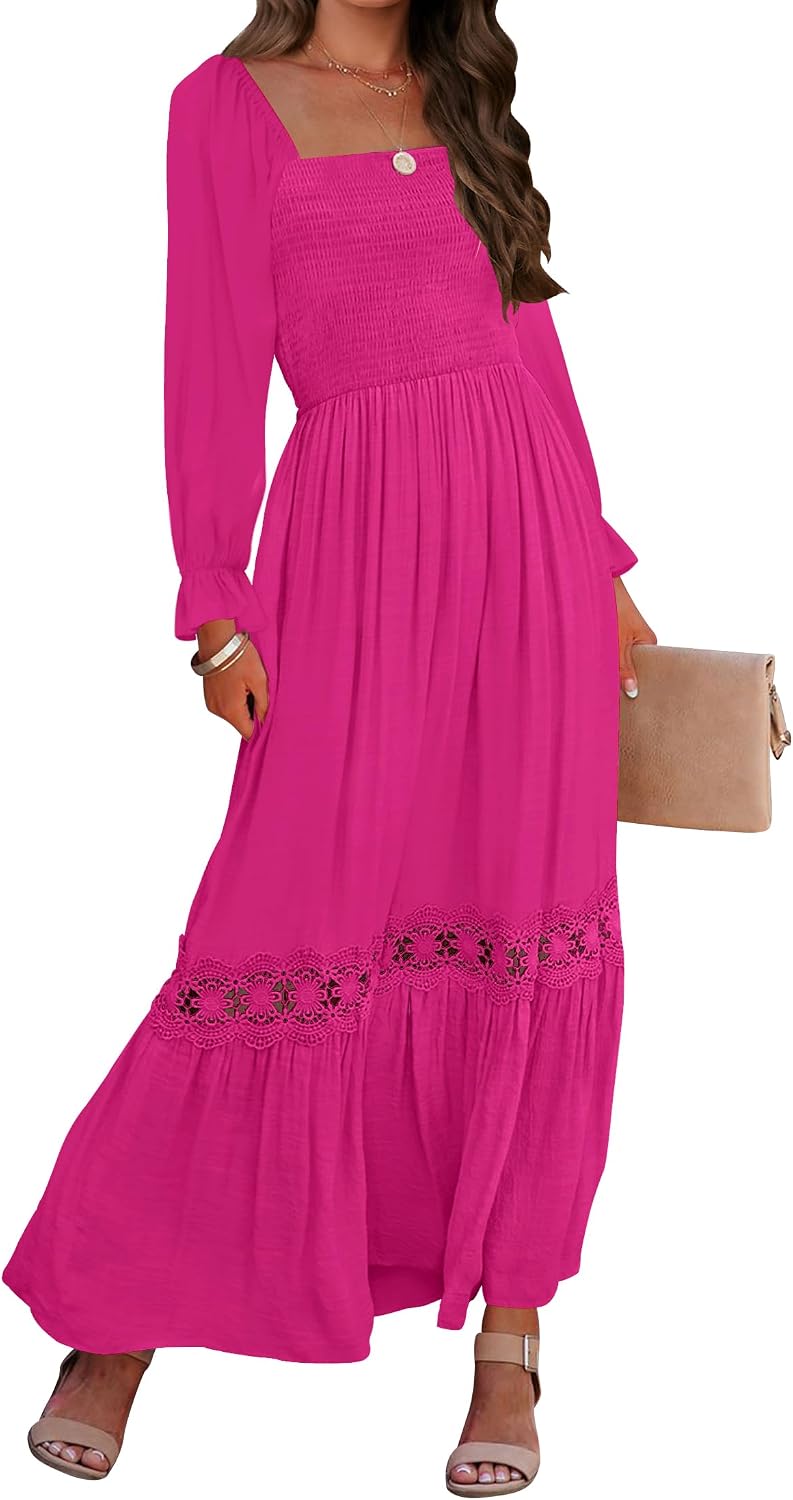 Smocked Square-Neck Long-Sleeve Maxi Dress in Rose
