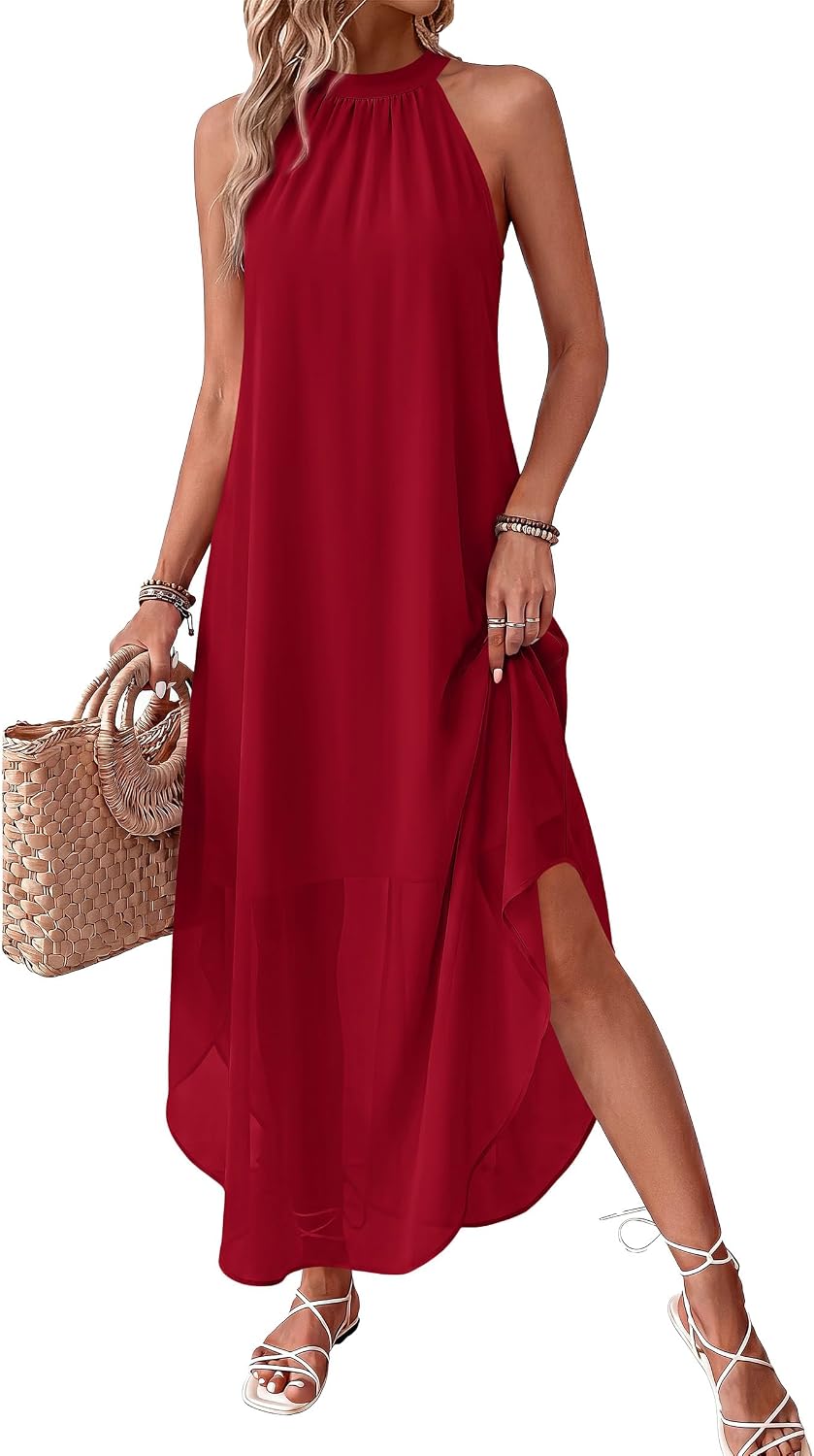 Halter Asymmetric-Hem Flowy Maxi Dress with Pockets in Red