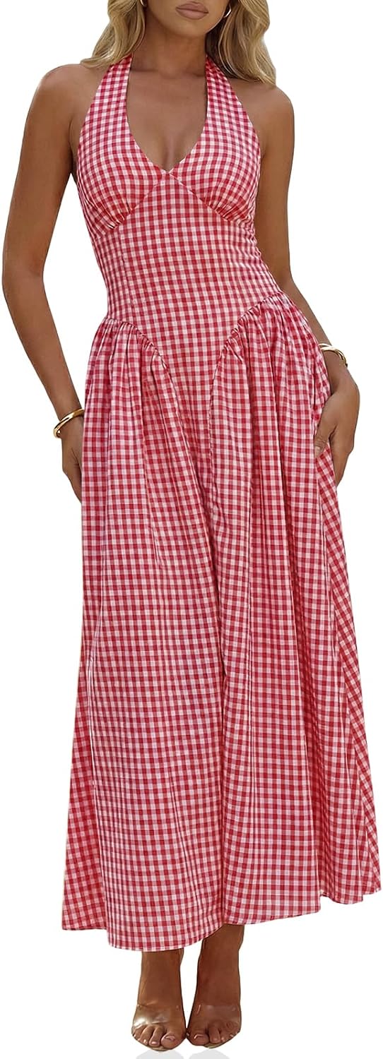 Plaid Halter Corset Maxi Dress with Pockets in Red