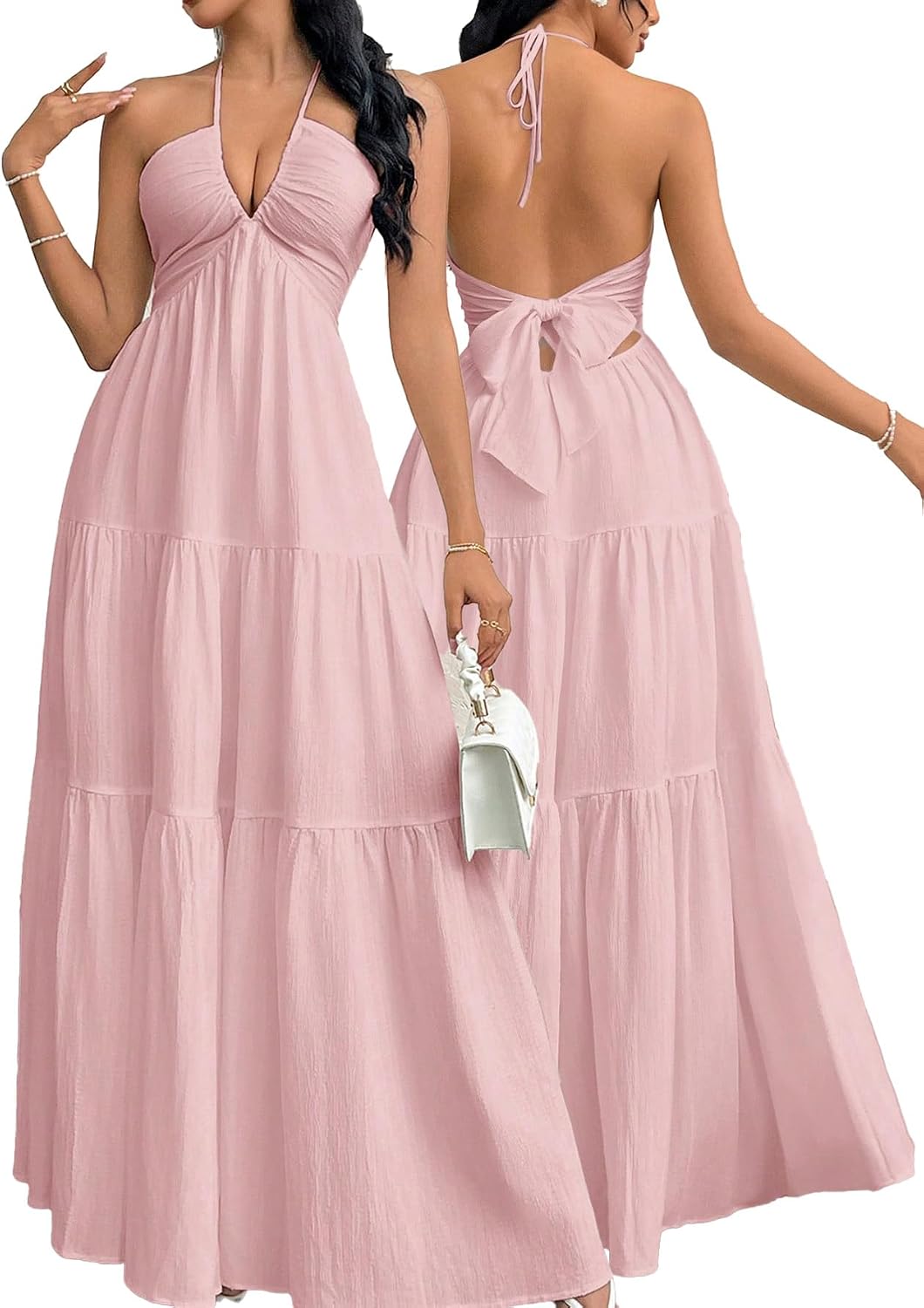 Halter V-Neck A-Line Maxi Dress in Pink