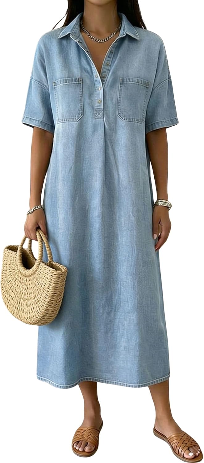 Distressed Denim Polo Shirt Dress in Light Blue