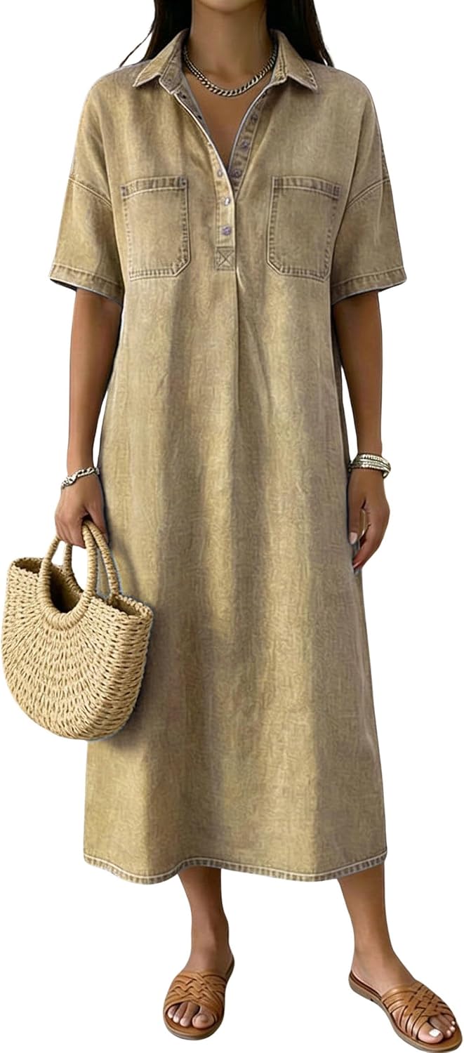 Distressed Denim Polo Shirt Dress in Khaki