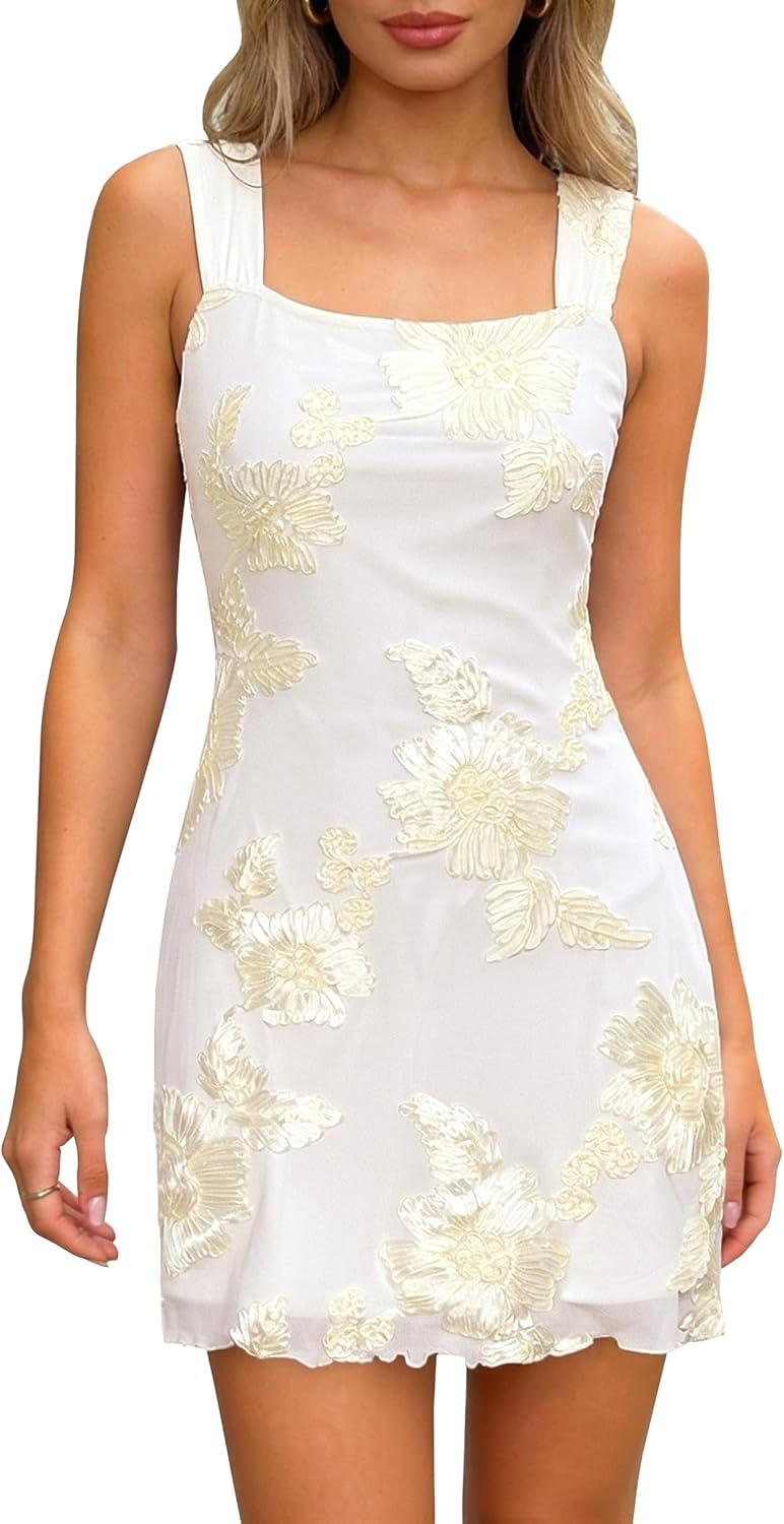 Embroidered Floral Mesh Square-Neck Mini Dress in Apricot