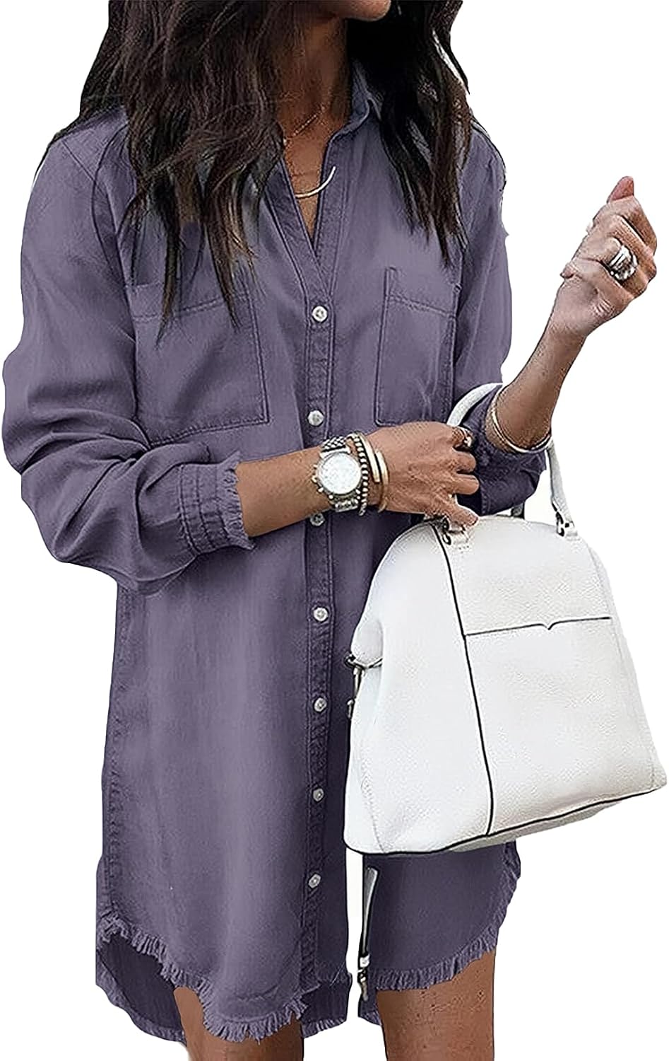 Long-Sleeve Button-Down Denim Shirt Dress with Fringe Hem in Purple