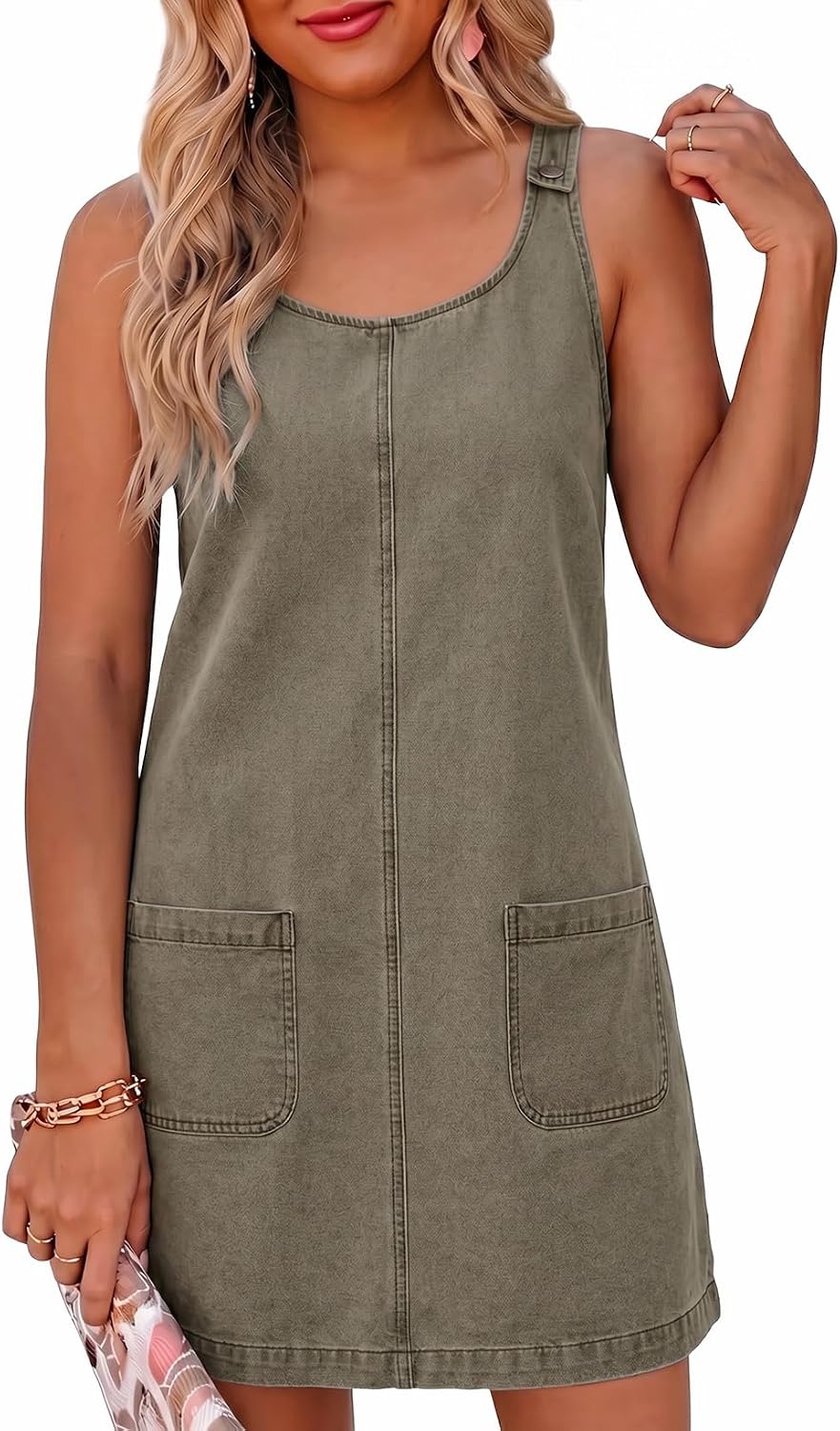 Sleeveless Denim Overall Mini Dress in Green
