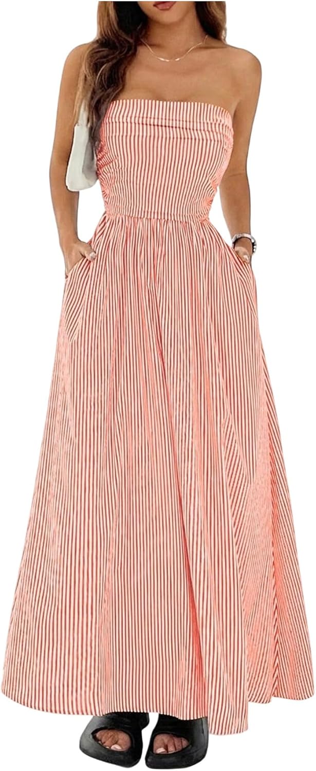 Striped Strapless A-Line Maxi Dress with Pockets in Orange