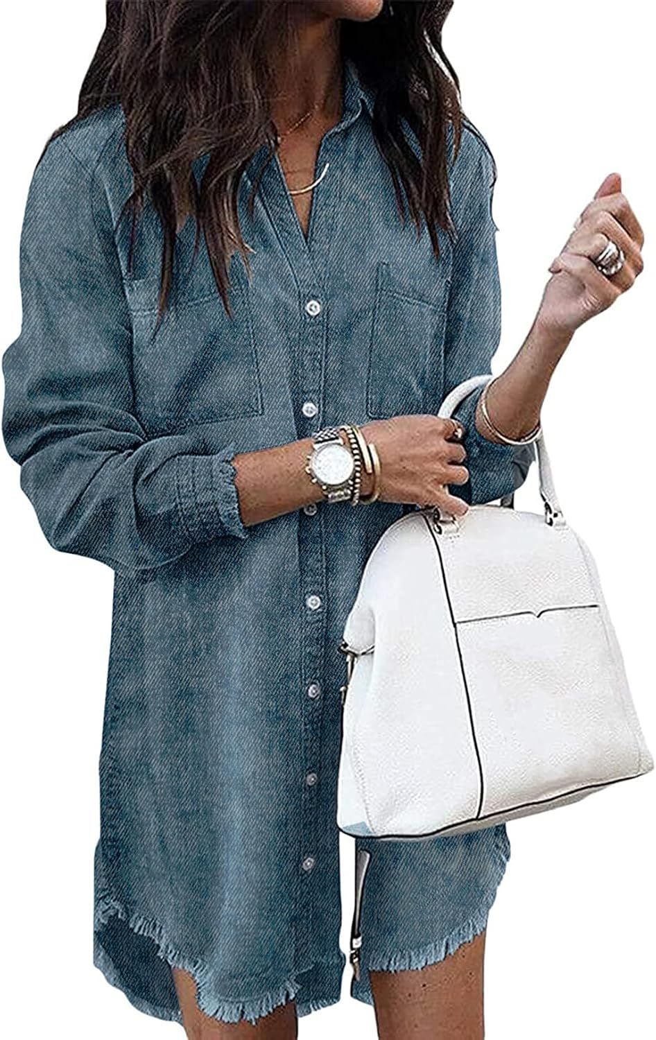 Long-Sleeve Button-Down Denim Shirt Dress with Fringe Hem in Washed Blue