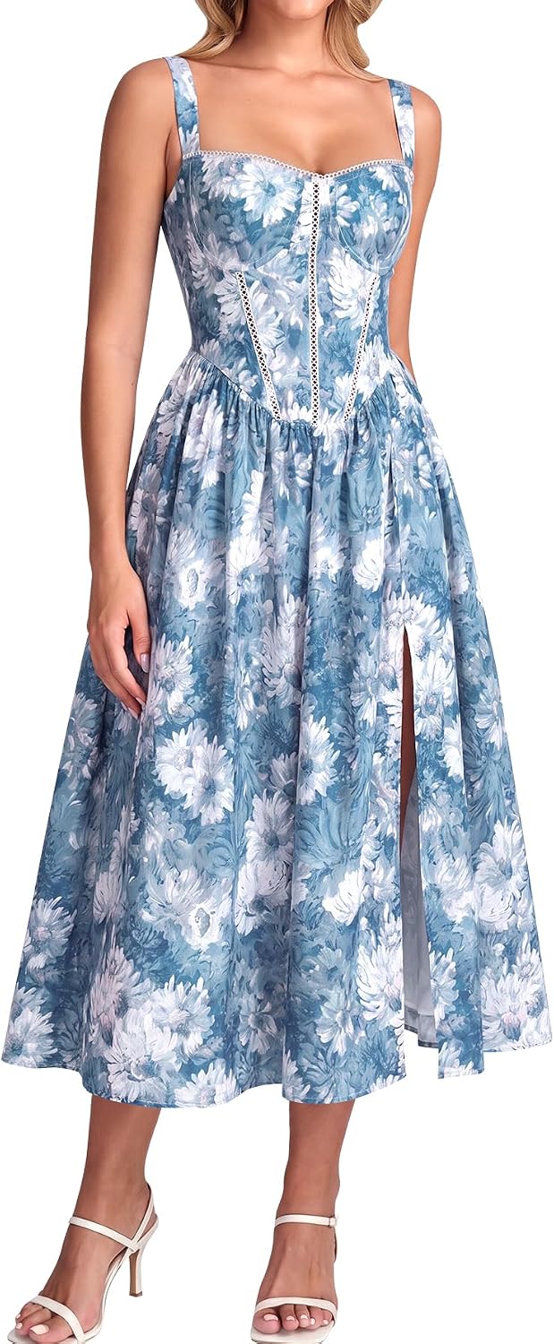 Floral Corset Midi Dress with Slit and Pockets in Blue Painting