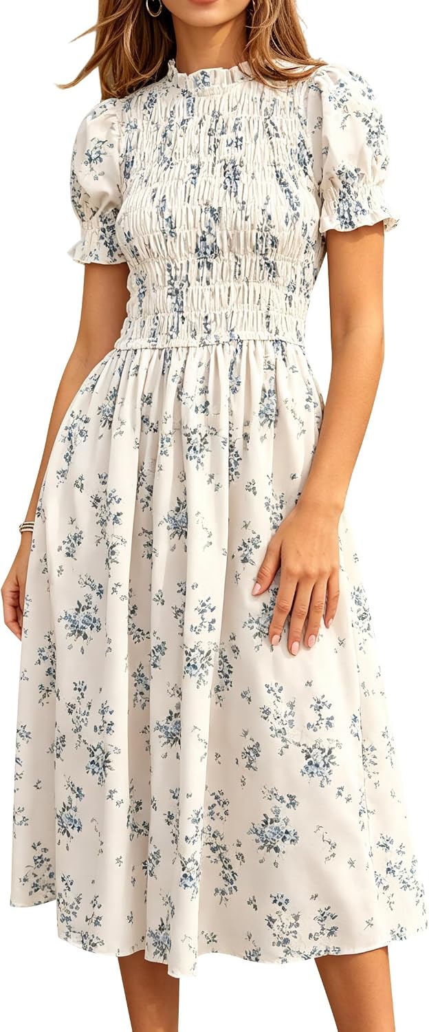 Gingham Puff-Sleeve Smocked Midi Dress in Off White (Long)
